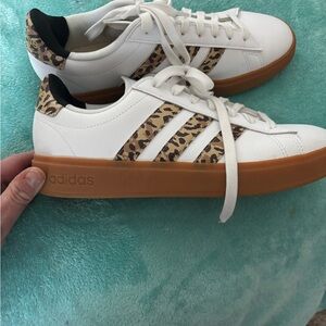 Adidas Women's White and Leopard Print Sneakers